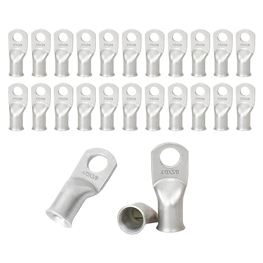 25Pcs 4/0 AWG 3/8"(M10) Stud Tinned Copper Ring Terminals Battery Cable Ends Wire Lugs 4/0 Gauge Battery Cable Lugs Heavy Duty Cable Lugs Bare Copper Eyelets Tubular Ring Terminal Connectors