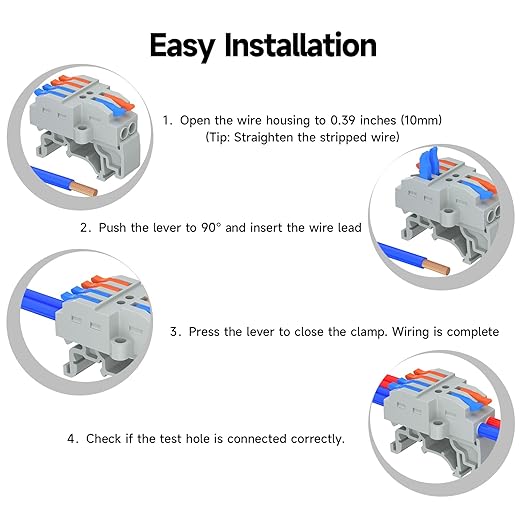 5Pcs Lever Wire Connectors, 2 in 4 Out, Push-in, 4-2.5 mm² Quick Wiring DIN Terminal Blocks, 30Pcs Wire Ferrules Terminals & 5.51 Inch DIN Rail Included