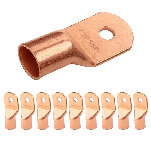 SELTERM 10pcs 250 MCM - 5/16" Stud - Battery Lugs, Heavy Duty Wire Lugs, Ring Terminals, Battery Cable Ends,250 kcmil Terminals, UL Bare Copper Eyelets Electrical Battery Terminal Connectors