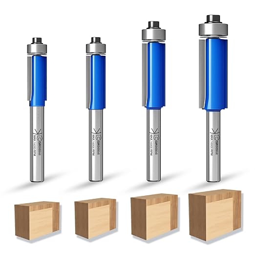 CSOOM 4PCS Professional Flush Trim Router Bits 1/4" Shank, Top Bearing Flush Trim Router Bit，Cutting Heights of 3/4“, 1”, 1-3/16“, 1-3/16”