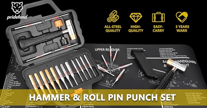 Pridefend Punch Set,Brass Punch Set and Roll Pin Punch Set Made of Solid Material Including Steel Pin Punch Set and Bench Block, Hammer with Detachable Heads,Punch Set with Portable Storage Case