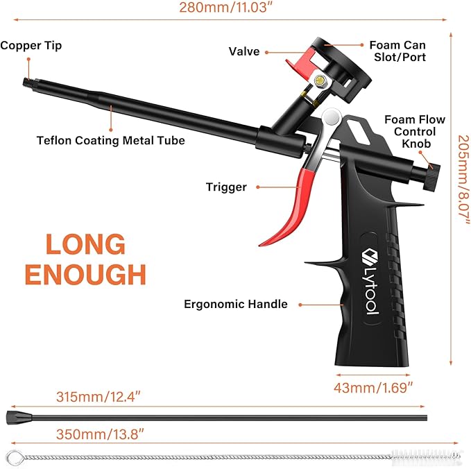 Lytool Spray Foam Gun with 12.6” Extension Rod PTFE Non Stick Barrel Copper Nozzle Adjustable Flow Caulking Gun with Cleaning Brush for Insulation Sealing Compatible with PU Foam Cans Easy to Clean
