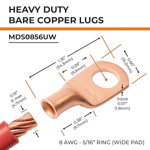 SELTERM 25pcs 8 AWG 5/16" Stud (Wide Pad) Battery Lugs, Ring Terminals, Heavy Duty Copper Wire Lugs, Battery Cable Ends, 8 Gauge Ring Terminal Connectors, UL Bare Copper Eyelets Battery Cable Lugs