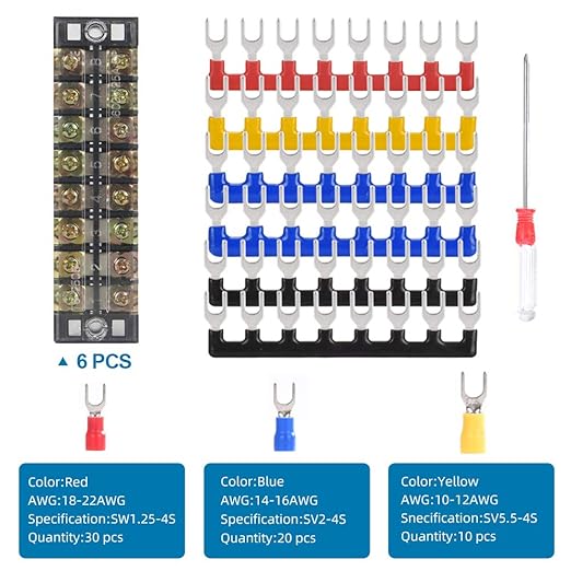 73Pcs(6Sets) Terminal Block Set, 6Pcs 8 Positions 600V 25A Dual Row Screw Terminal Strip Block + 6Pcs Pre-Insulated Terminals Barrier Strip + 60Pcs Insulated Fork Wire Connector by CGele…