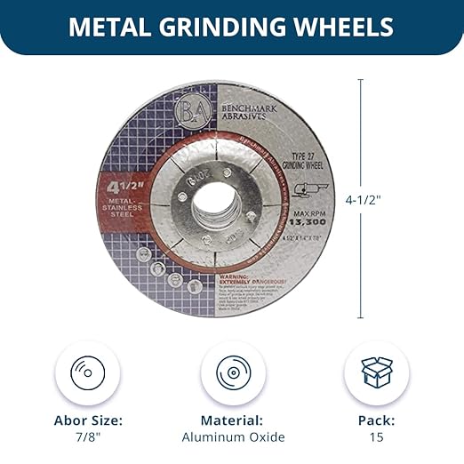 Benchmark Abrasives Grinder Cut Off Wheels 4 1/2 Inch Aluminum Oxide Depressed Center Thin Type 27 for Metals, .045" Thick 7/8" Arbor, Angle Grinder Cutting Disc, Grinding Cutting Wheel - 15 Pack
