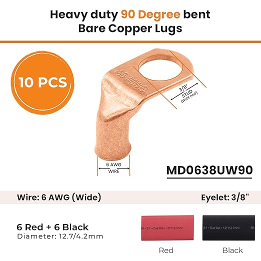 SELTERM 10pcs - 6 AWG 3/8" (Wide Pad) Stud 90° Bent Battery Lugs - Ring Terminal Connectors with 12pcs 3:1 Black & Red 1/2" Heat Shrink Tubing - Heavy Duty Cable Ends - Bare Copper Wire Connectors Kit