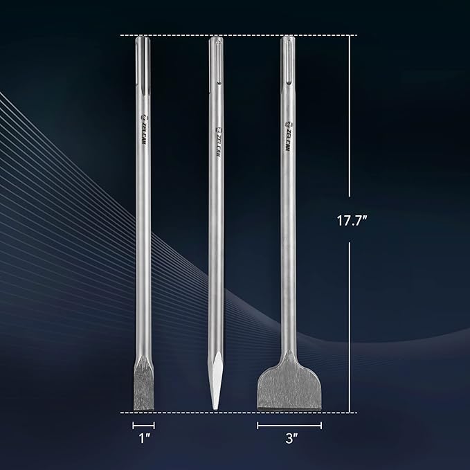 ZELCAN Chisel Set with SDS Max Shanks, 3pc Masonry Concrete Drill Bit Set, 18" Flat Point Scaling Chisels 40Cr Steel SDS Max Bits Rotary Hammer Drill Home Improvement Tool Kit for Brick Stone Concrete