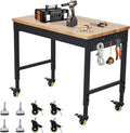 48x24 Inch Garage Workbench with Wheels, Adjustable Rubber Wood Top Garage Workbench with Power Outlet, 2000 Lbs Load Capacity, for Workshop, Woodworking, Office, Home.
