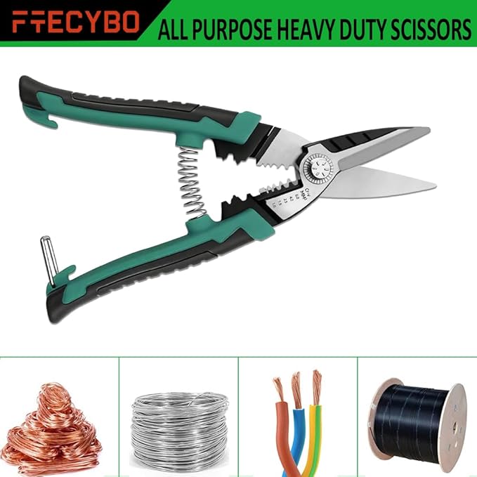Heavy Duty Industrial Scissors 8.5'', Electrician Scissors with Finely Serrated CR-V Powerful Blades, Easy Cutting Wires, Cardboard, Plastic, Carpet, Wire Stripping and Crimping