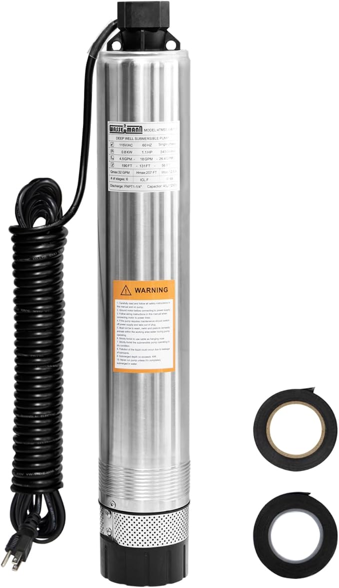 WASSERMANN 4" Effluent/Cistern Bottom Suction Pump with 33FT Cable,1HP,115V/60HZ,32GPM,207FT Head,Stainless Steel Deep Well Submersible Pump for Septic Tank Home and Industrial Agricultural