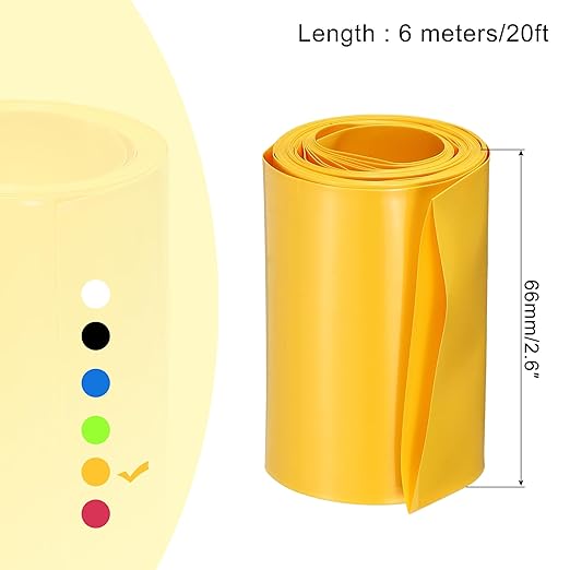 MECCANIXITY Battery Wrap PVC Heat Shrink Tubing 42mm Dia 66mm Flat 20 Feet(6meters) Yellow Good Insulation for Battery Pack
