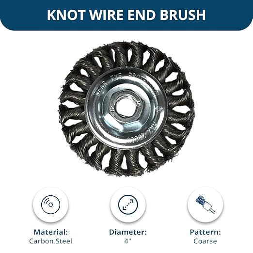 Benchmark Abrasives 4” Standard Twist Knot Wire Wheel with Arbor 5/8"-11 Thread, for Weld Cleaning, Weld Spatter Removal, Stripping, Deburring, Use with Angle Grinders - Carbon Steel (5 Pack)