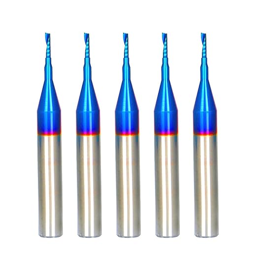 O Single Flute Upcut Spiral End Mill CNC Router Bit with NACO Coating for Acrylic Plastic Cutting with Mirror Finish (5, 1/16 D x 1/4 CH x 1/4 SHK x 2 L)