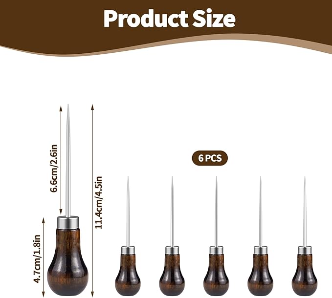 6 PCS Awl Tool Gourd Shape Wooden Handle, Durable Scratch Awl Tool for Leather Craft, Pin Punching, Hole Making, DIY Handmade Projects