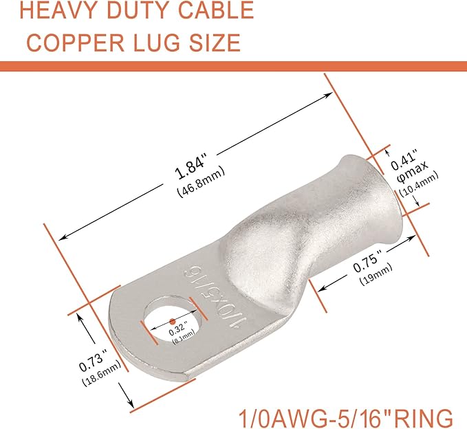 10pcs 1/0 AWG-5/16(M8) Tinned Copper Ring Terminals Battery Lugs, Heavy Duty Wire Lugs, Battery Cable Connectors