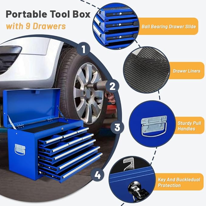 13 Drawers Rolling Tool Chest with Double Door Handle,Large Capacity Tool Storage Cabinet With Drawers, Locking Mechanical Tool Cart With Liner,Portable Tool Box For Repair Workhop (Blue)