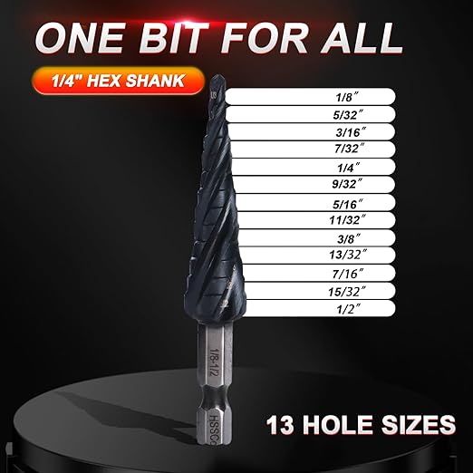 Step Drill Bits M35 Four Spirl Flute Cobalt Step Drill Bits Set 1/8"-1/2" （13 Sizes ） Wear-Resistant TiAlN Coated,1/4" Hex Shank Drill for Metal, Stainless Steel, Aluminum, Plastic
