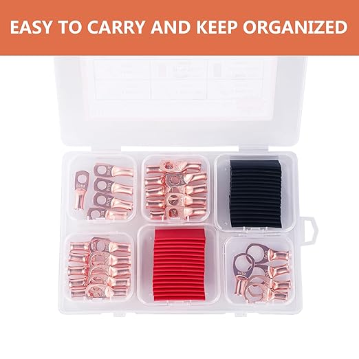 62PCS 8 AWG Ring Terminal Connectors Battery Copper Wire Lugs 8 Gauge 5/16", 3/8", 1/4", 1/2" with Heat Shrink Tubing Set, 30Pcs Battery Cable Ends and 32PCS Heat Shrink Tubing