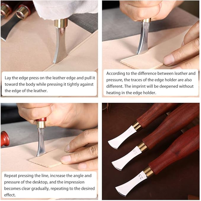 UOOU 4 PCS Leather Edge Creaser,1.0/1.5/2.0/2.5mm Professional Leather Tool,Edge Creaser Stainless Steel Red Wood Handle Tool for Beginners DIY Leather Craft