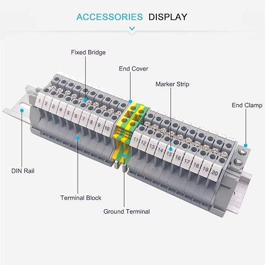 Erayco DIN Rail Terminal Blocks Kit, 20PCS UK2.5B Terminal Blocks 12 AWG Gauge, 20A 600V, 2PCS Ground Blocks, 4PCS Jumpers, End Stopper, End Covers, Marker Strip, 1Pcs 8" Aluminum Rail