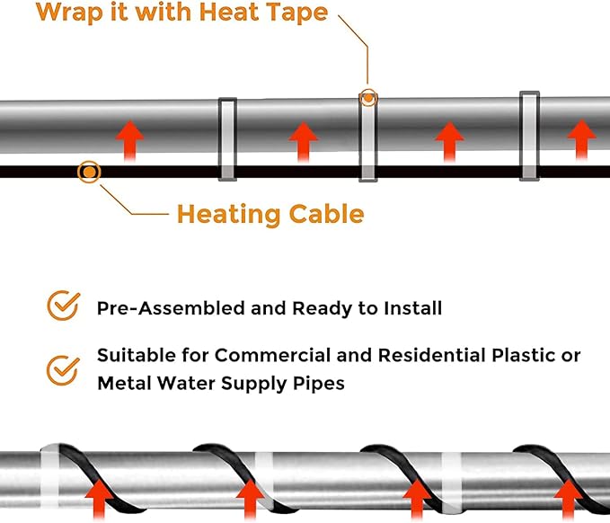 Giraffe Tools Heat Cable, Heat Cables for Roofs and Gutters, Easy Heat, Water Pipe Heat Cable, Pipe Freeze Protection Down to -40℉, Black, (30FT with GFCI)