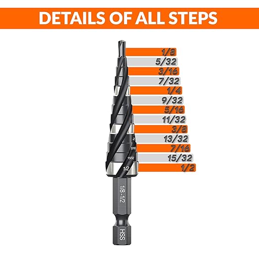 THINKWORK Four Spiral Flute Step Drill Bit, HSS Step Drill Bits 1/8"-1/2"(13 Step) Unibit Step Drill Bit, 1/4" Shank Step Bits for Aluminum, Wood, Plastic, Metal