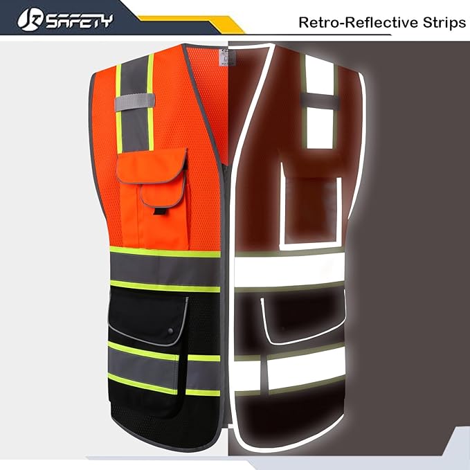 JKSafety 9 Pockets Hi-Vis Fluorescent Color Mesh Reflective Safety Vest for Men Women | Chaleco de seguridad para hombres y mujeres (100-Orange-Black 5XL)