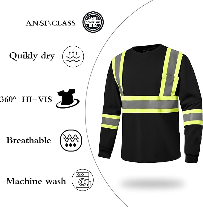 Hi Vis Safety Long Sleeve Shirts，High Visibility Class 3 T Shirts with Reflective Strips and Pocket, Quick Dry Mesh Construction Work Shirt for Men/Women (Black,5XL)
