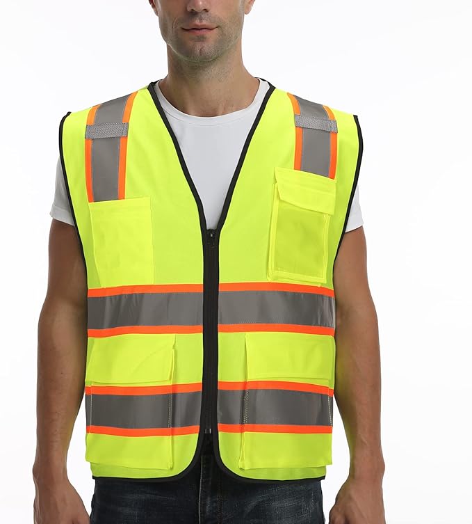 9 Pocket High Visibility Class 2 Safety Vest with Reflective Strips and Zipper Closure for Men & Women in Lime, 2XL