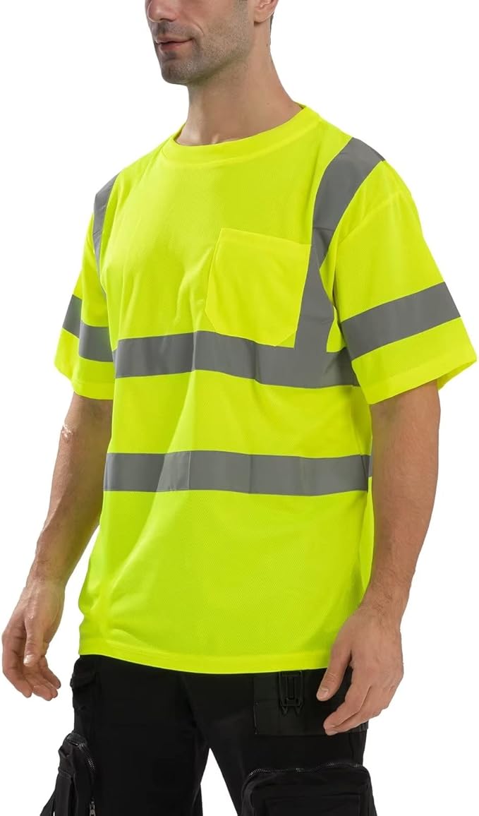 High Visibility Class 3 T Shirts，Hi Vis Safety Shirts with Reflective Strips and Pocket, Short Sleeve Quick Dry Mesh Construction Work Shirt for Men/Women Lime,4XL