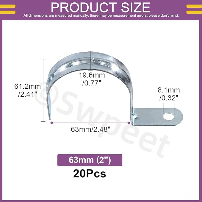 Swpeet 20Pcs 2-1/2"(63mm) Zinc Plated One Hole EMT Pipe Strap Kit, Pipe Straps U Bracket Tube Strap Pipe Clamp 1 Hole Snap On Pipe Strap Conduit Clamps Tension Clips for Fixing EMT Conduit Pipe