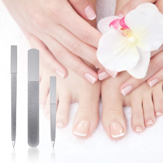 Mudder 3 Pcs Diamond Nail File Set Stainless Steel Double Side Nail File Metal Sapphire Buffer Manicure Files Natural Nails Emery Boards for Salon Home and Travel Women(Silver)