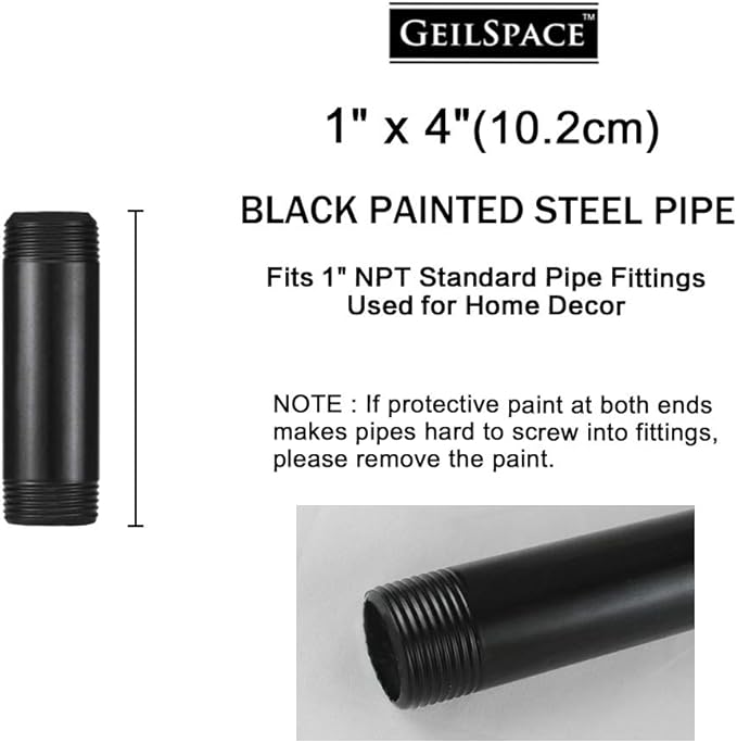 GeilSpace 1" × 4" Pre-Cut Black Metal Pipe, Industrial Steel Fits Standard One Inch Black Threaded Pipes and Fittings - Vintage DIY Industrial Shelving (1" × 4")