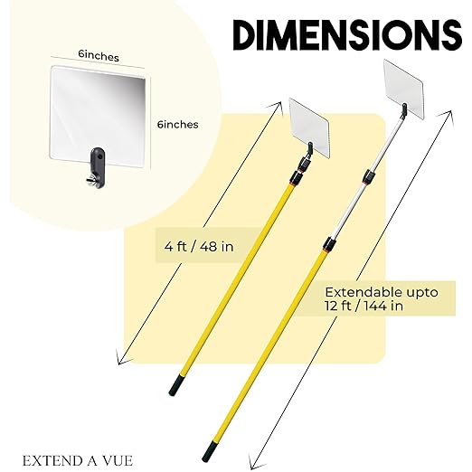 Inspection Mirror - Telescoping Heavy Duty, Lightweight & Durable, 4 ft - 12 ft Pole, 6 x 6 inch Acrylic Mirror