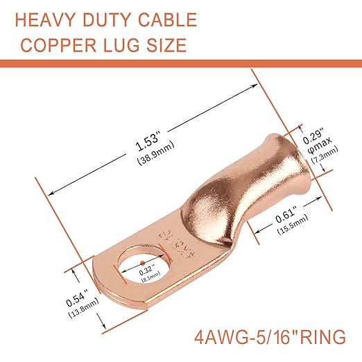 10pcs 4 AWG-5/16”(M8) Ring Terminals Lugs 4 Gauge Battery Cable Ends Heavy Duty Copper Wire Lugs Battery Terminal Connectors