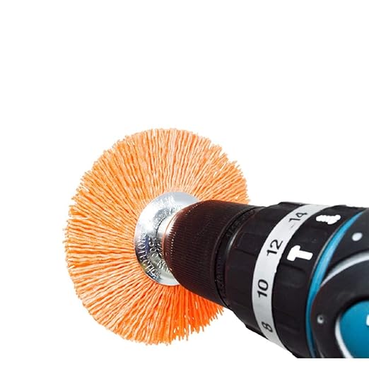 Benchmark Abrasives 4” Mounted Nylon Wire Wheel, Medium Grit, 1/4" Drill Shank, Perfect for Rust or Paint Removal Sanding Finishing on Aluminum, Brass, Copper - (Orange, 4")