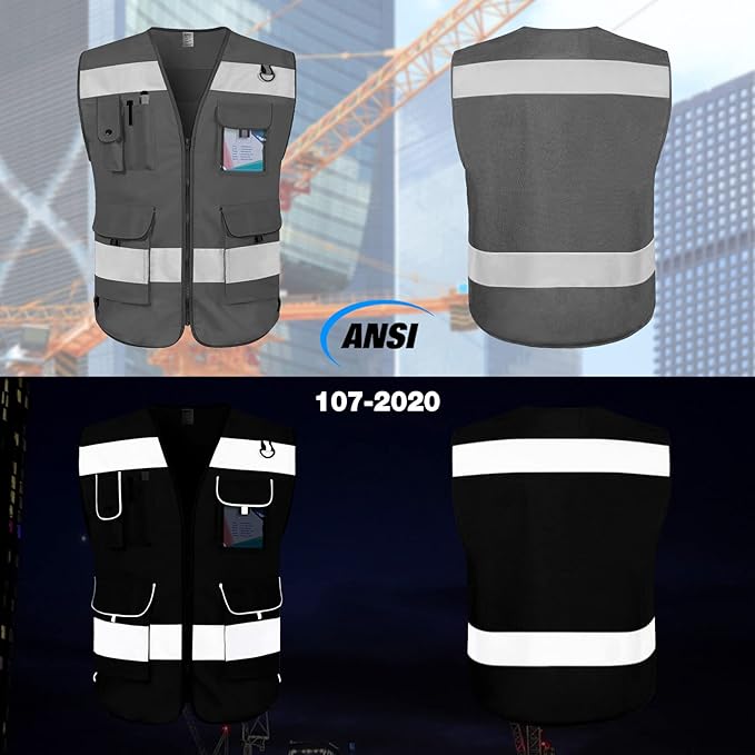 TCCFCCT Reflective Safety Vest 9 Pockets High Visibility Vest for Men Women, Hi Vis Reflective Work Vest for Safety, Meets ANSI/ISEA Standards, (Grey, XX-Large)