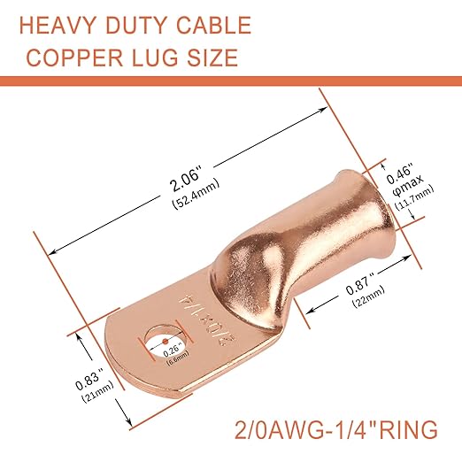 10pcs 2/0 AWG-1/4”(M6) Ring Terminals 00 Gauge Copper Wire Lugs Battery Cable Ends Heavy Duty Battery Cable Terminal Connectors