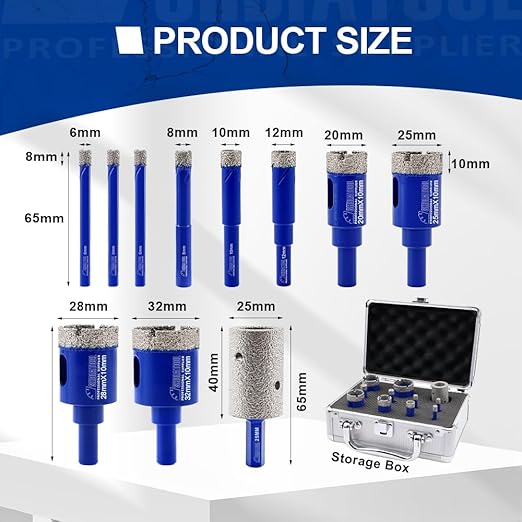 SHDIATOOL Diamond Drill Core Bits,Tile Drilling Core Hole Saw Kit for Porcelain Marble Ceramic Granite with 1/4 Carbide Positioning Drill Bit 11pcs 6/6/6/8/10/12/20/25/28/32MM/25MM