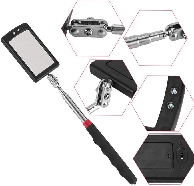 Telescopic Inspection Mirror with 2LED Lights, Telescopic Mirror Round Mirror, Telescopic Magnetic Pickup with LED Lights Tool kit.