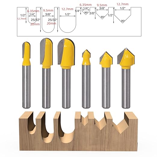 6PCS 1/4 Shank Carbide Rounf Nose Bit 90 Degree V-Groove Bit Suit 3D CNC Signmaking Lettering Engraving Router planing Head Wood Cutter Woodworking Tools Carving Cutting Tool