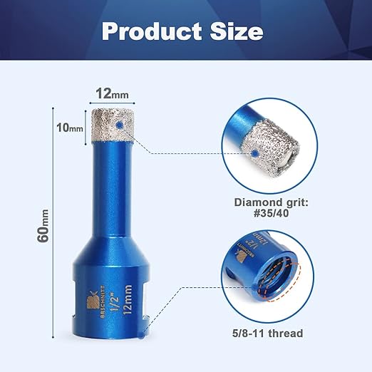 1/2 Inch Diamond Core Drill Bit for Porcelain Tile Ceramic Marble Granite Drilling,BRSCHNITT 1pc Vacuum Brazed Diamond Hole Saw with 5/8-11 Thread (12mm)