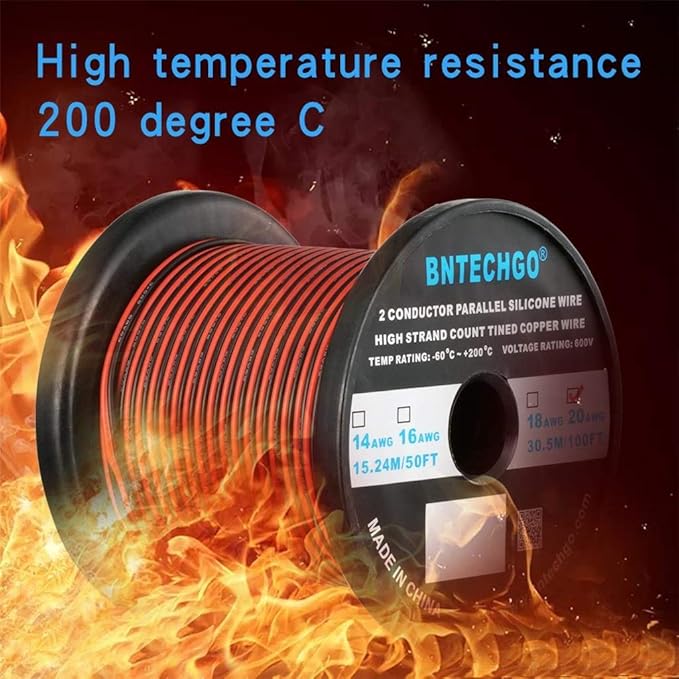 BNTECHGO 20 Gauge Flexible 2 Conductor Parallel Silicone Wire Spool Red Black High Resistant 200 deg C 600V for Single Color LED Strip Extension Cable Cord,Model,100ft Stranded Tinned Copper Wire