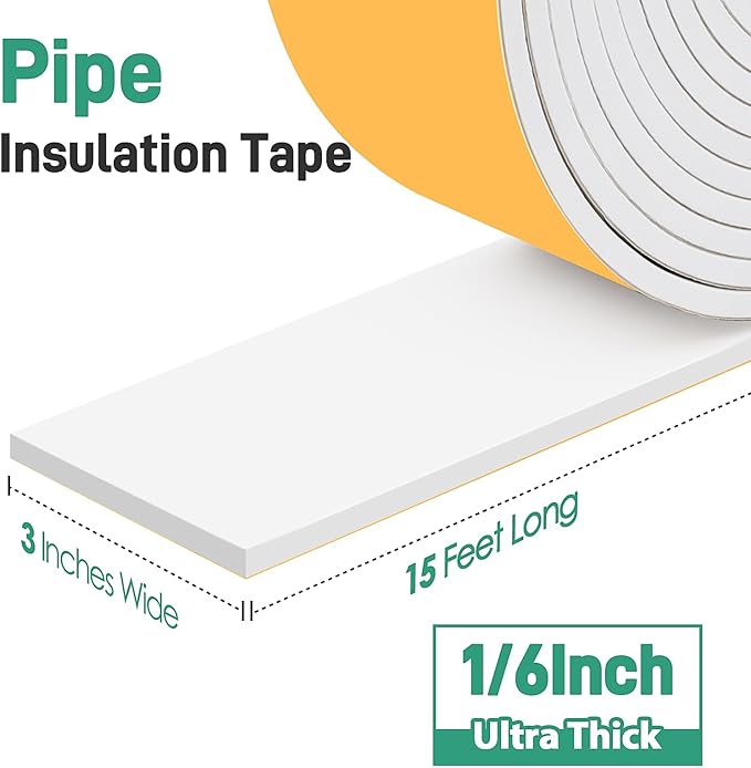 Pipe Insulation Tape, Foam Insulation Tape for Outdoor Pipes Winter Freeze Protection, Foam Pipe Insulation Wrap, Heat Tape for Water Pipes, Copper Pipes, PVC, AC Line, 3in x 15ft, White