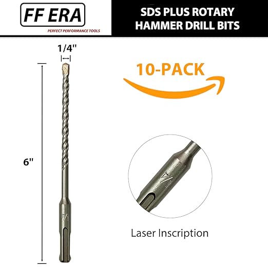 10-Pack SDS Plus 1/4" x 6" Rotary Hammer Drill Bits, Carbide Tipped for Brick, Stone and Concrete