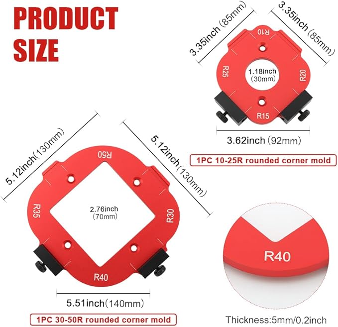 2pcs Woodworking Router Corner Radius Template, Aluminum Alloy Router Corner Jigs and Templates for Woodworking, Arc Cutting Auxiliary Tool DIY Template R10/R15/R20/R25/R30/R35/R40/R50