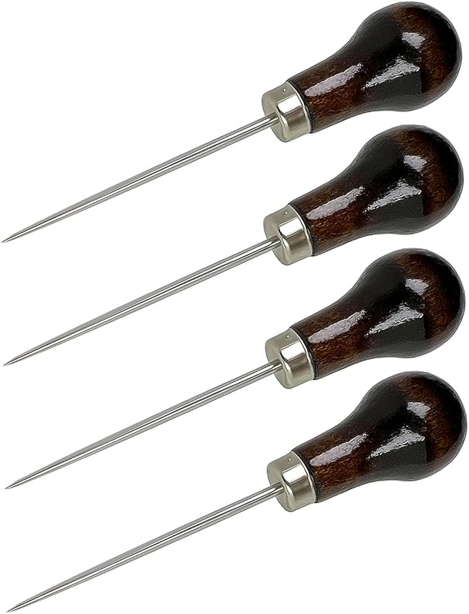 4 Pcs Scratch Awl Tool, with Gourd Shape Wooden Handle, Leather Awl Punch Tool,Tailors Awl, for Sewing Punching Stitching, Gourd Awl Repair Tool for Leather Craft Cloth