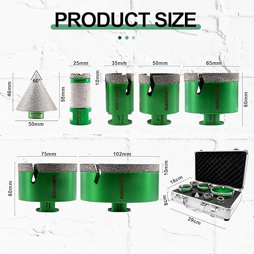 Tile Hole Saw Kit - 11pcs Diamond Core Drill Bits 6/6/25/35/50/65/75/102mm+2" Beveling Chamfer Bit+4.5" Blade Cutting Disc+SDS Shank to 5/8-11" Thread for Porcelain Ceramic Granite Marble