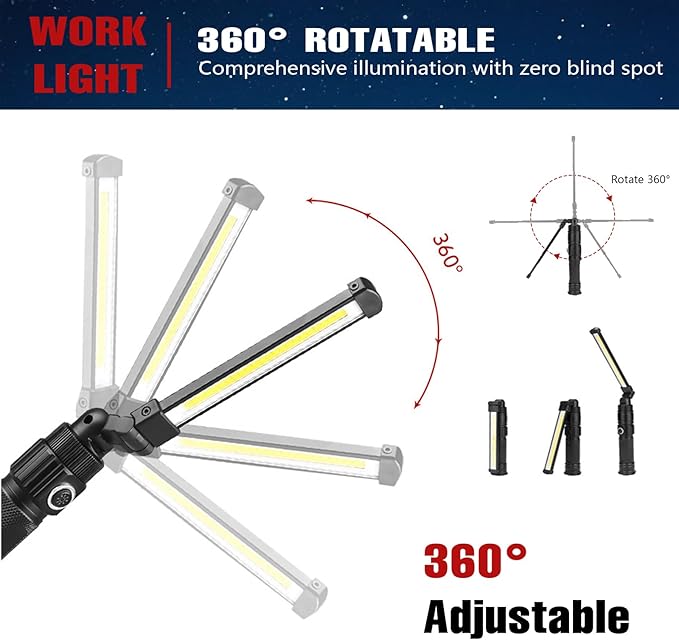 Rechargeable Work Light, 360° Rotate Design, Magnetic LED Work Light Foldable Flashlight,5 Lighting Modes,Mechanic Light, Portable Outdoor Lamp for Car Repair,Camping, Emergency