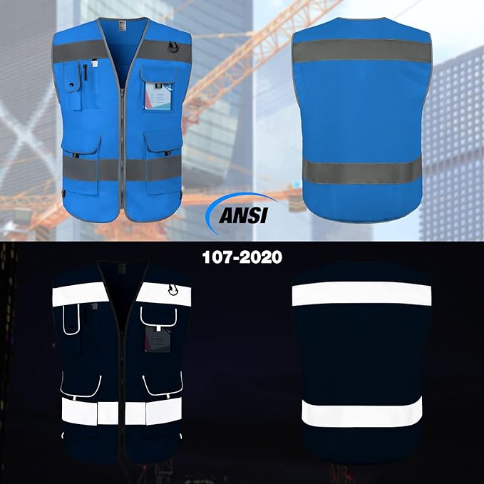TCCFCCT High Visibility Safety Vest for Men Women 9 Pockets Hi Vis Reflective Vest for Safety, Work Vest with Reflective Strips, Meets ANSI/ISEA Standards, (Blue, 4X-Large)